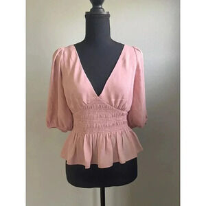WAYF WOMENS SIZE M PINK VNECK CROP TOP SLIMFIT FLOWY 3/4 SLEEVE BODDICE ELASTIC